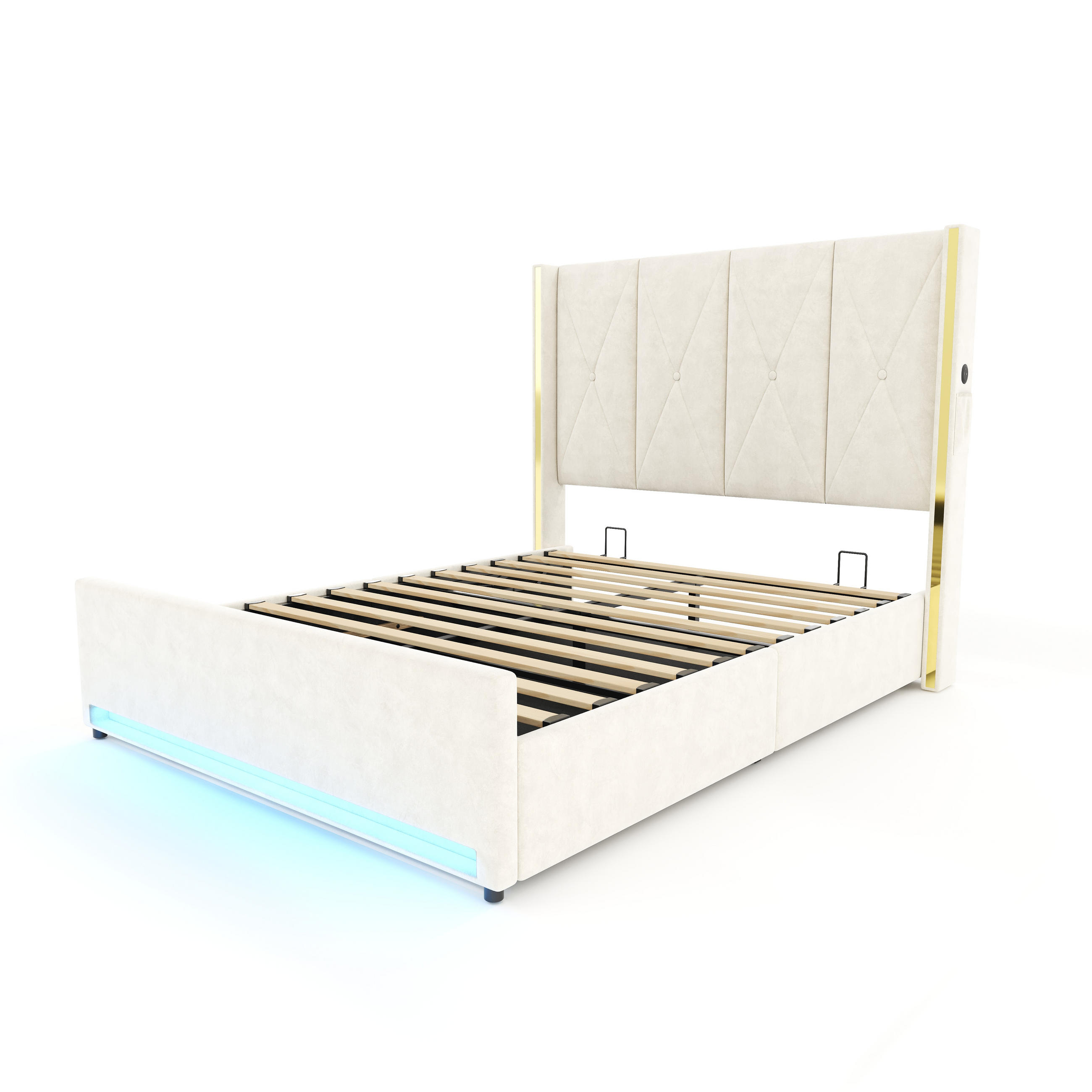 POLSTERBETT 160x200cm, Kopfteil gepolstert, Taschen, USB, LED, Hydraulik, Stauraum - Beige, Textil (160/200cm)