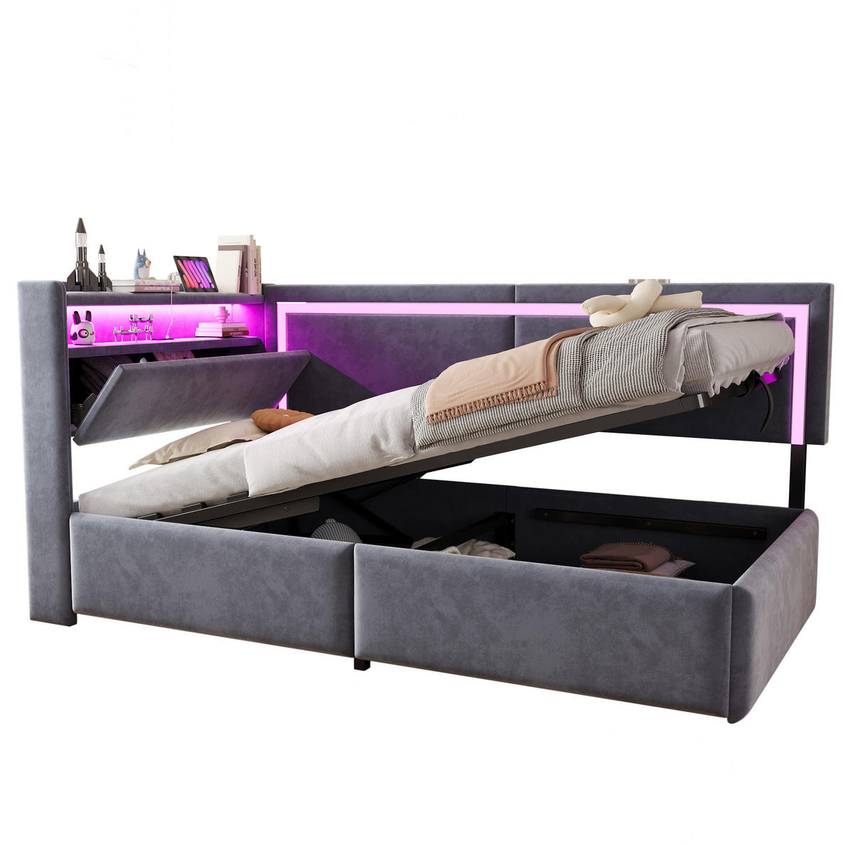 ČALÚNENÁ posteľ 90x200 cm zo zamatu sivá s LED osvetlením, USB portom a hydraulickým úložným priestorom - sivá, textil (90/200cm) - Modfu