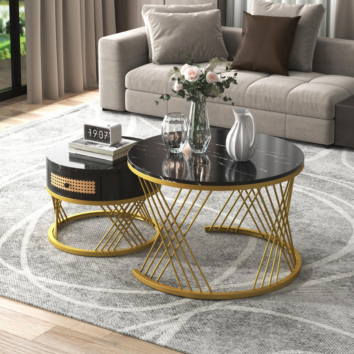 COUCHTISCH-SET Schwarz Gold mit Rattan-Schublade - Schwarz, Metall (70/70/45cm)