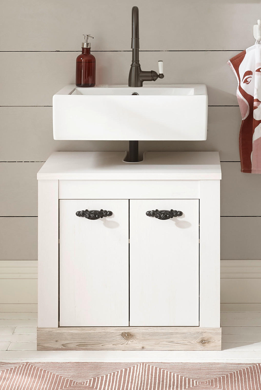 WASCHBECKENUNTERSCHRANK Pinie weiß, Oslo Pinie Landhaus, Badschrank, 60 x 63 cm - Dunkelgrau/Weiß, Holzwerkstoff/Metall (60/63/46cm) - Furn.Design