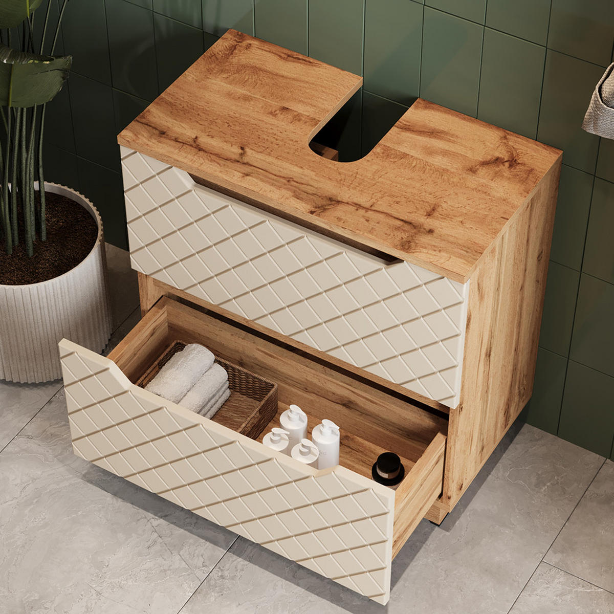 WASCHBECKENUNTERSCHRANK Lotta Eiche/Kaschmir mit Kachelstruktur 59.8 x 62.5 cm mit 2 Schubladen - Kaschmir/Eichefarben, Holzwerkstoff (59.8/62.5/32cm) - Vicco