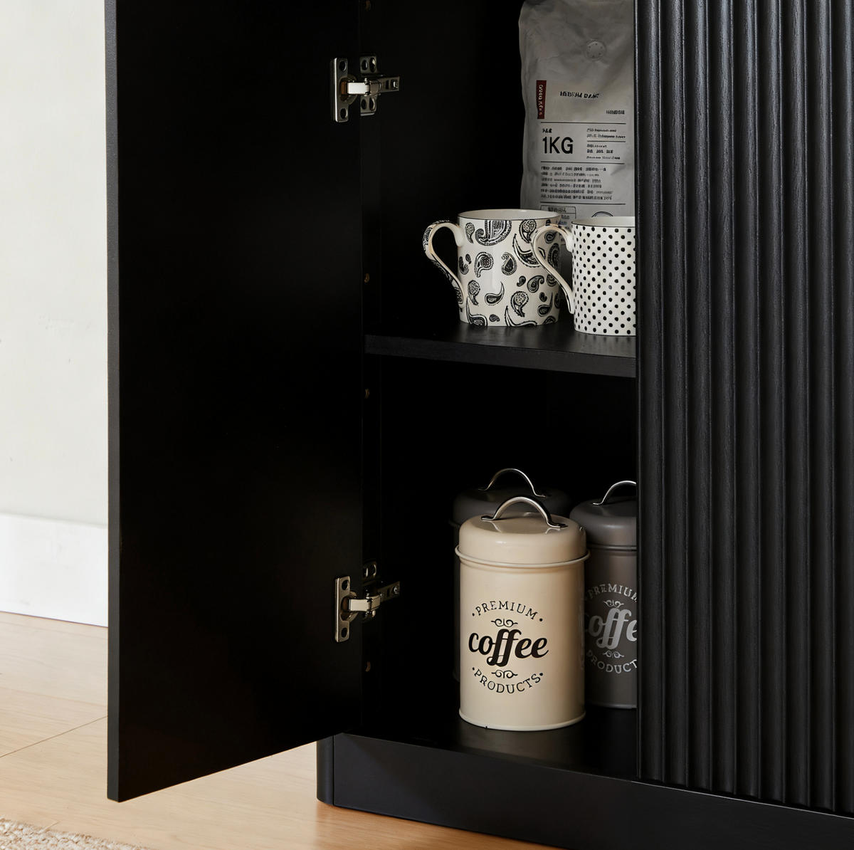 SIDEBOARD 170/40/70,5 cm in Schwarz mit 6 Türen und Wellenfront - Schwarz, Holzwerkstoff (170/70.5/40cm) - Flora Grace