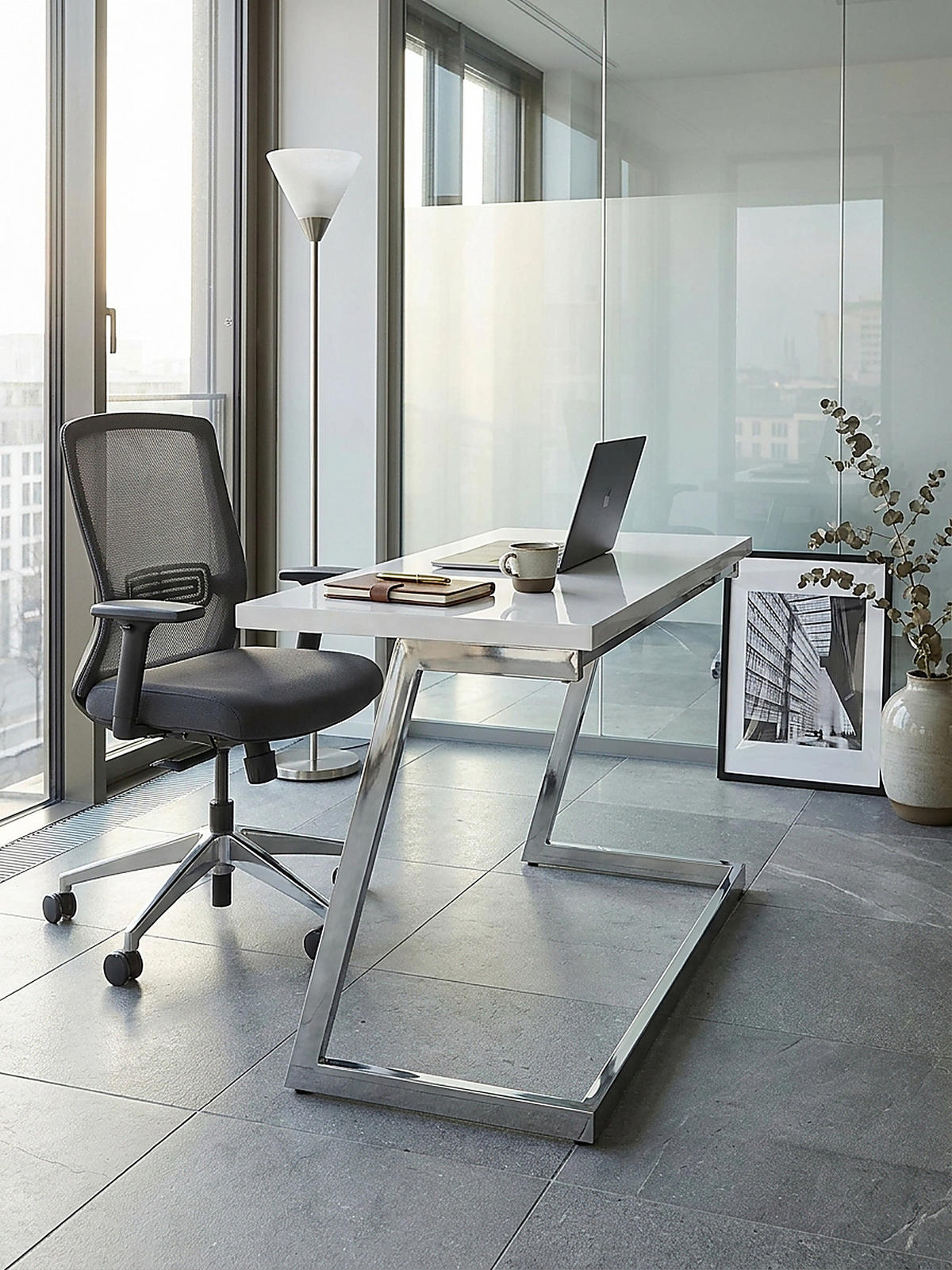 SCHREIBTISCH Hochglanz Metallgestell SARNOT, Silber 120x55x76 cm - Silberfarben, Holz/Metall (55/120/76cm) - KADIMA DESIGN