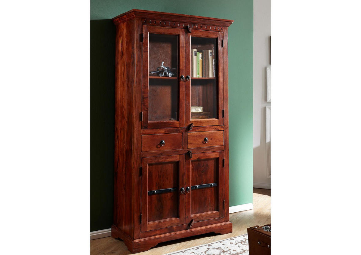 VITRINE Akazie 90x44x180 nougat lackiert OXFORD #1011 - Dunkelbraun, Holz (90/180/44cm) - Massivmoebel24