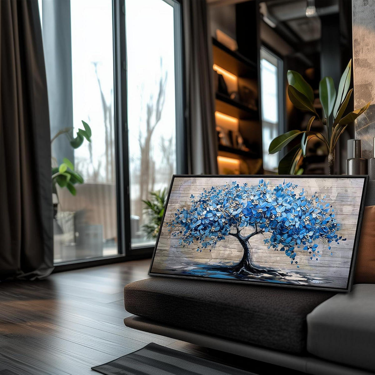 LEINWANDBILD Blühender Baum Schwarz 73 x 146 cm - Blau, Papier (73/0.5cm)