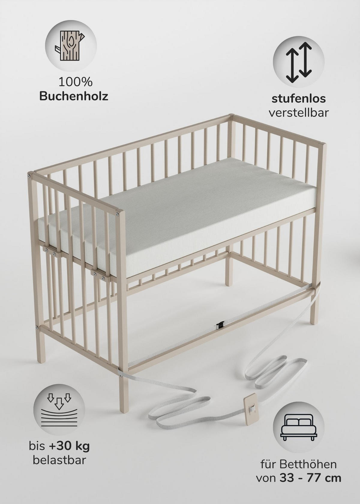 BEISTELLBETT mit Matratze SleepPlus & Umbauseite - sahara dust - Dreamy 4 in 1 Bett - Sandfarben, Holz (120/90/60cm) - Sämann – make a difference.