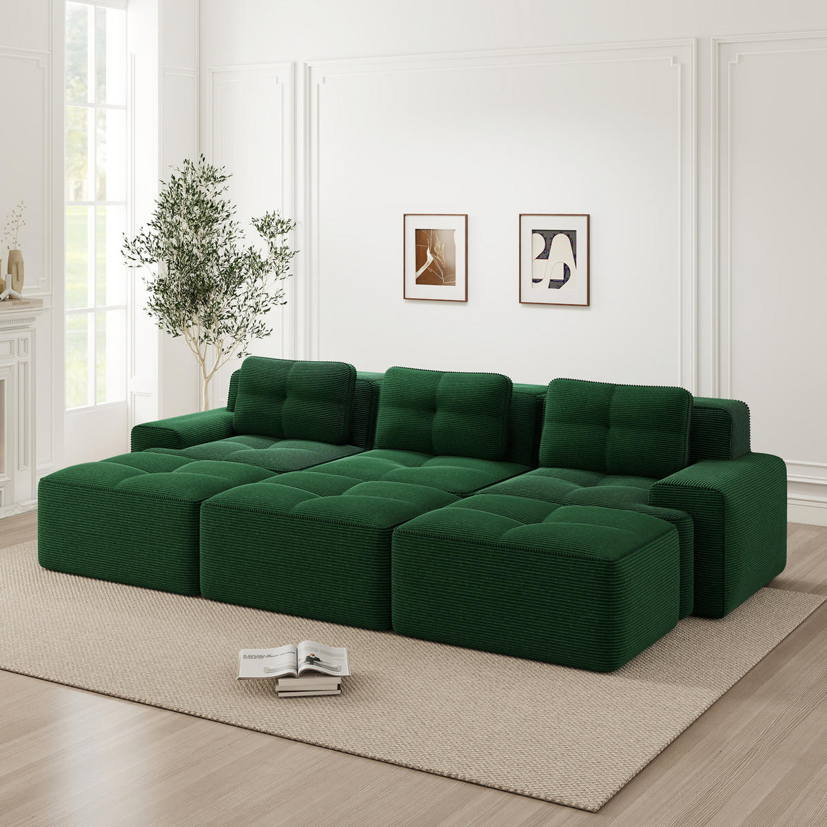 SOFA modular mit Schlaffunktion 74 cm Tiefsitz Cord Green - Grün, Kunststoff (177/69/293cm) - Meubliv