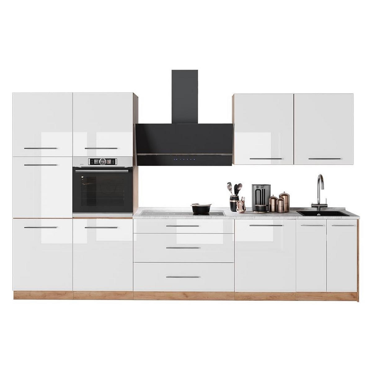 CHICINETĂ Fame-Line, Alb lucios ridicat/Stejar auriu, 340 cm fara blat - stejar miere/alb lucios, compozit lemnos (340/206.8/51.6cm) - Vicco