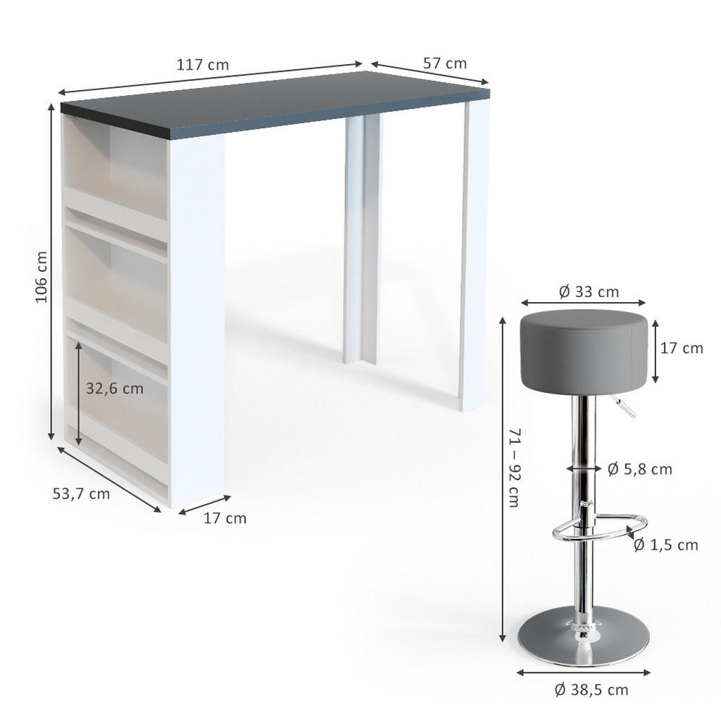 Thumbnail - Vicco Bartisch-Set, Weiß, Grau, Holzwerkstoff, 3 Fächer, Rechteckig,Rechteckig, 57x106x117 cm, Esszimmer, Barmöbel, Bars...