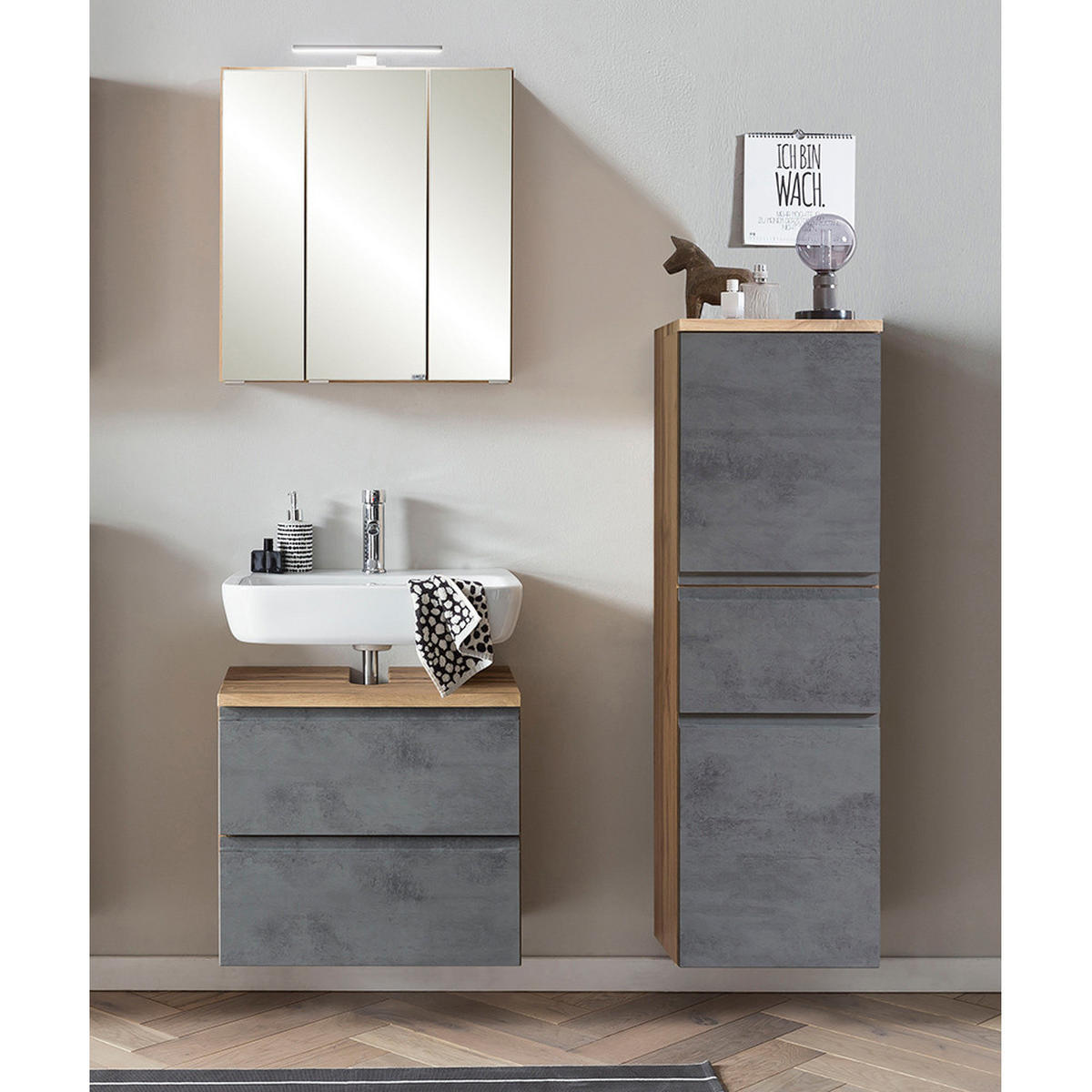 BADMÖBEL-SET 3-TLG. Vasto-03 - Grau, Holzwerkstoff (115/200/35cm) - Lomado