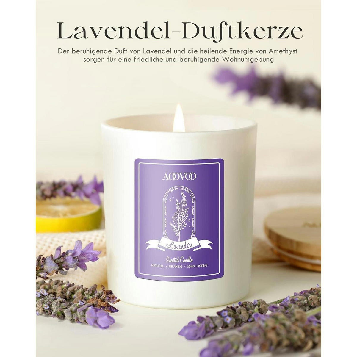 DUFTKERZE Lavendel mit Kristallen und Trockenblumen, 280g - Weiß, Paraffin (8cm)