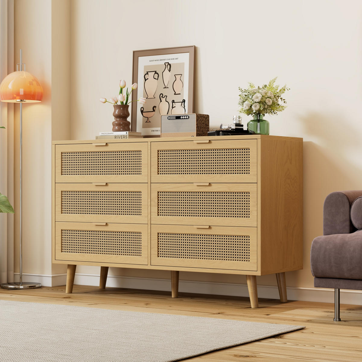 SIDEBOARD 120/40/76,5 cm aus Spanplatte mit 6 Schubladen und Rattan-Front Walnuss - Eichefarben, Holzwerkstoff (120/76.5/40cm) - Modenvie