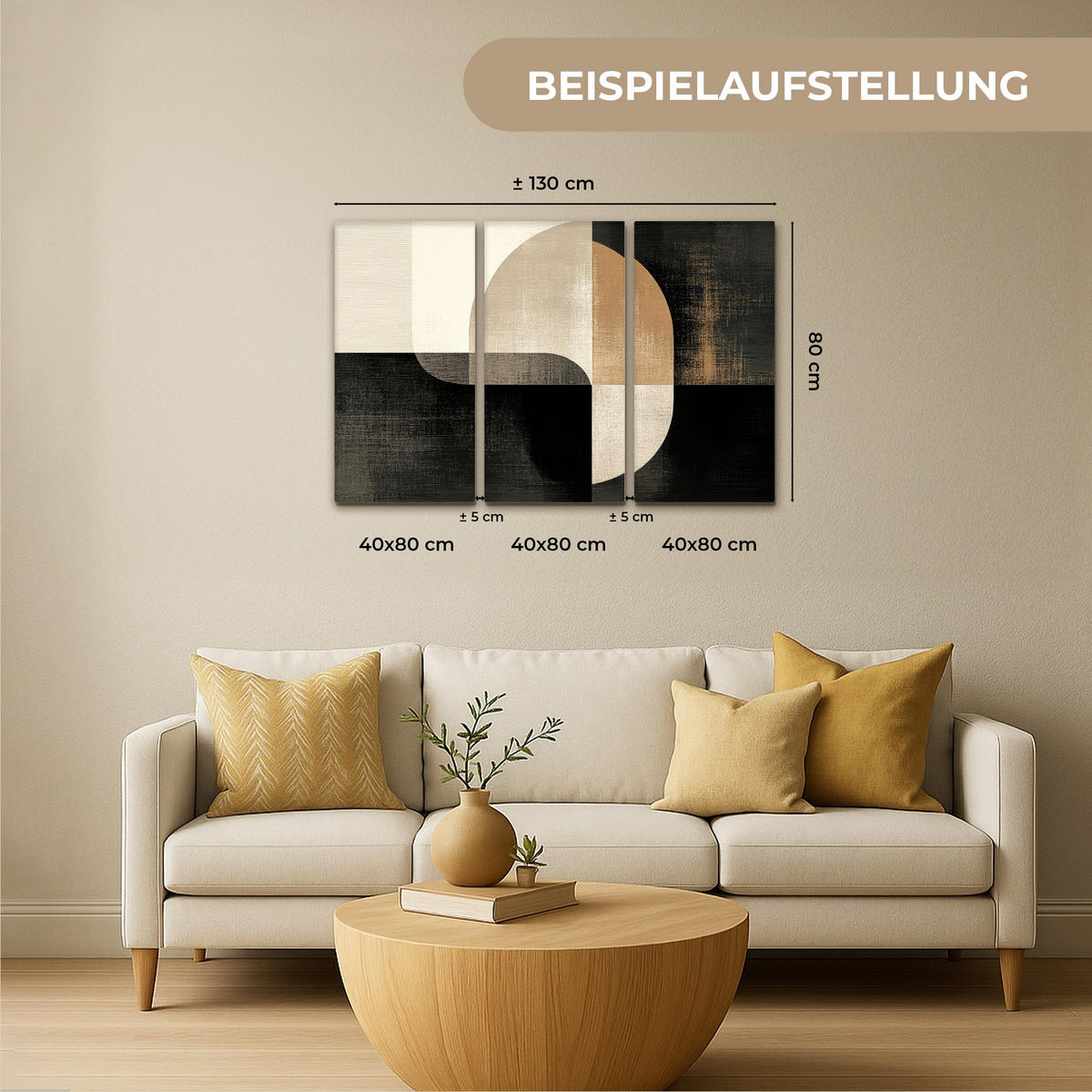 LEINWANDBILD 3er Set Formen - Abstrakt - Gold 120x80 cm - Schwarz, Textil (120/80cm) - MuchoWow
