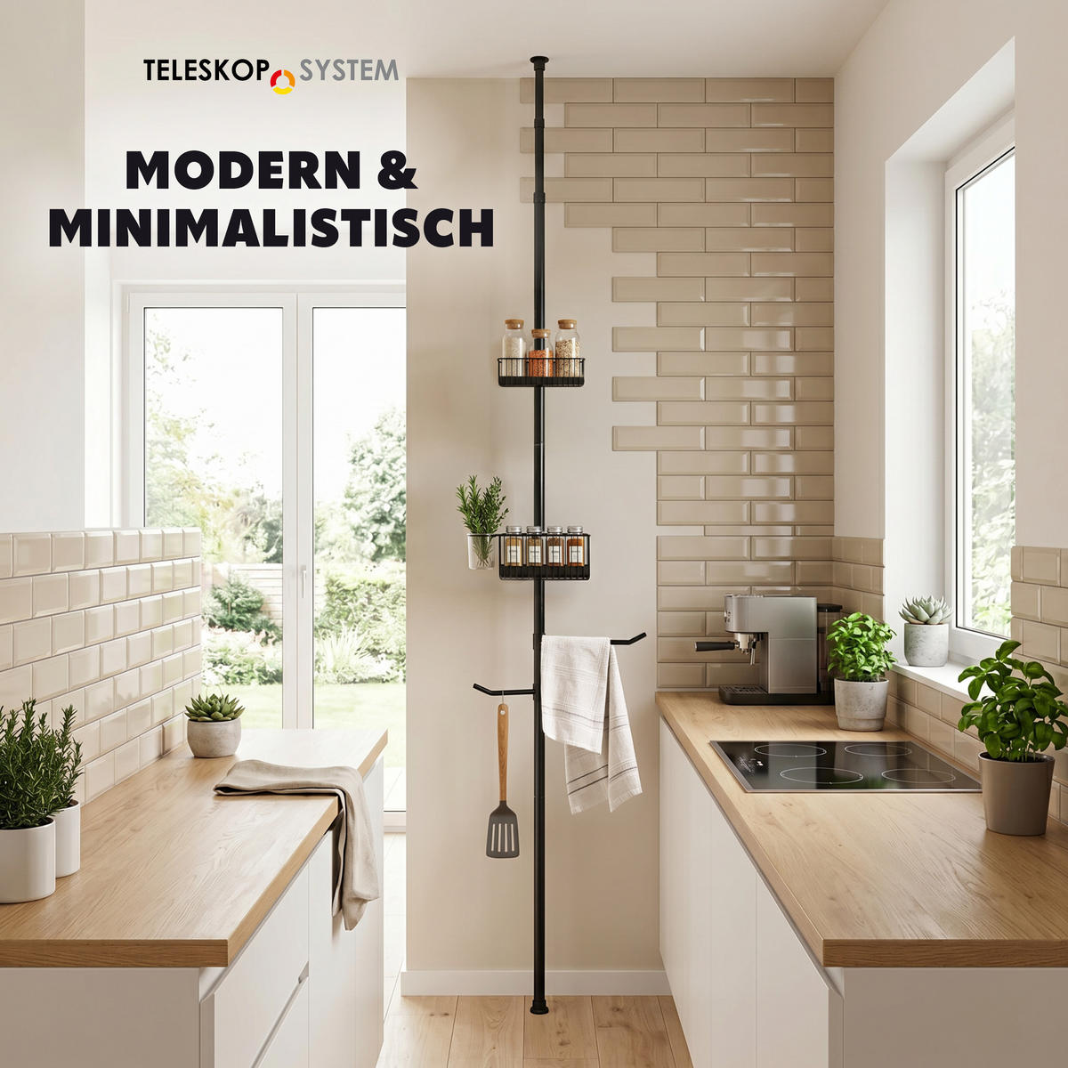 TELESKOP-KÜCHENREGAL, ausziehbar bis max. 290 cm, Metall, schwarz - Schwarz, Metall (34.5/290/34.5cm) - bremermann