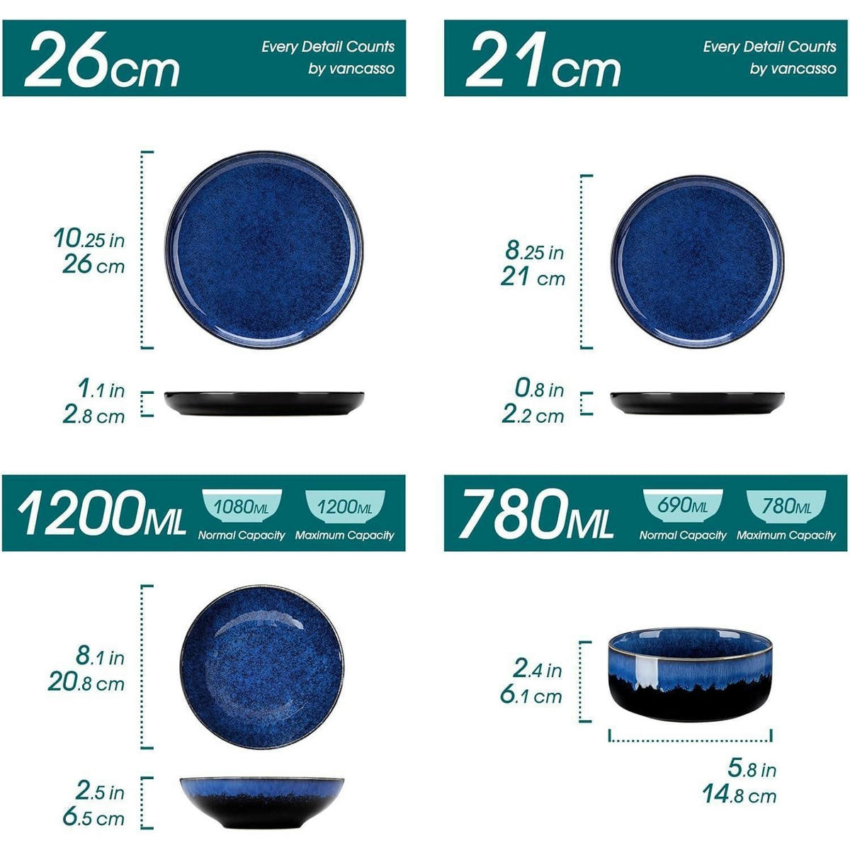 GESCHIRRSET 24-teiliges Set für 6 Personen blau Steingut - Dunkelblau, Keramik (26/2.8/26cm)