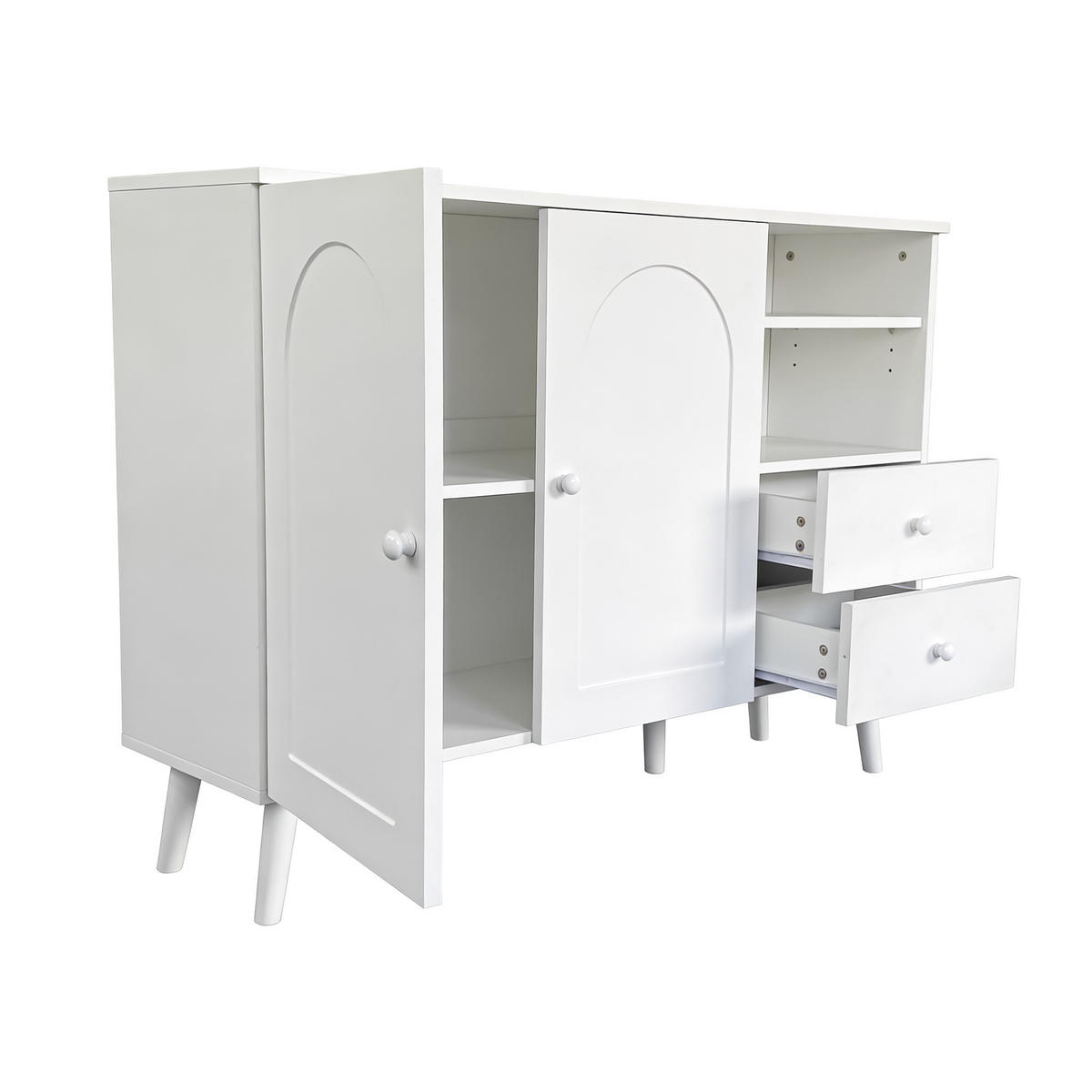 SIDEBOARD Gewölbte Türen 2 Schubladen 2 Fächer Holzfüße Modern - Weiß, Holzwerkstoff (118/82/35cm) - FLIEKS