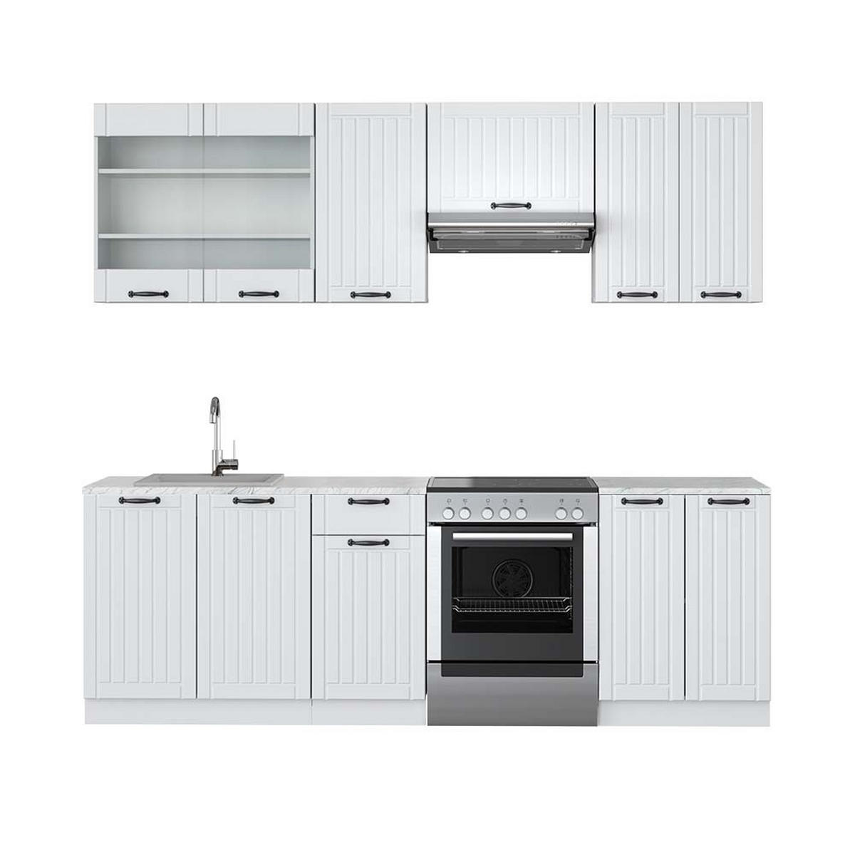 KÜCHENZEILE Fame-Line Weiß Landhaus/Weiß 240 cm, AP Marmor - Creme/Weiß, Holzwerkstoff (240/81.6/60cm) - Vicco
