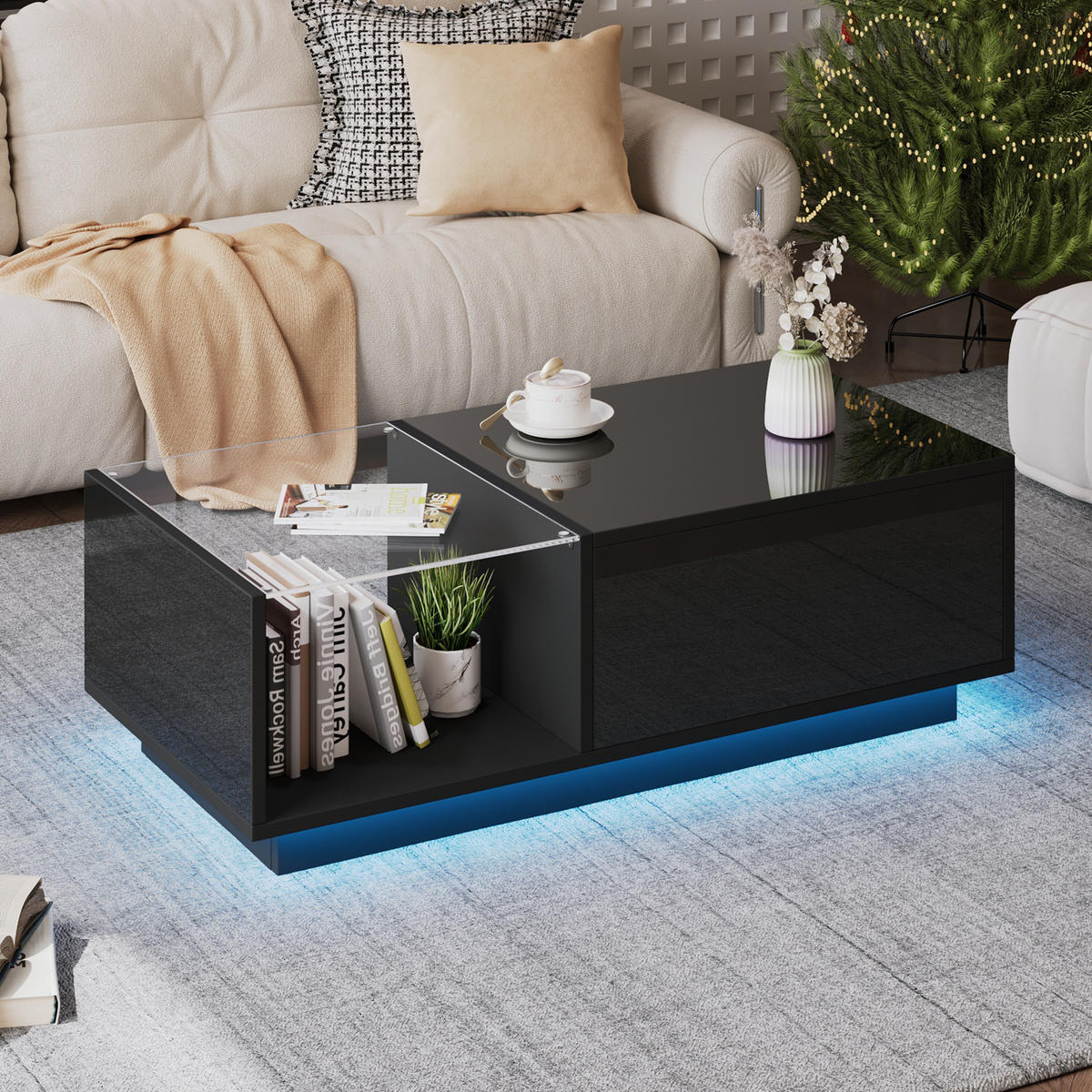 KLUBSKA miza, 100/50/33-46,5 cm črna, z LED-osvetlitvijo in dvižno ploščo - črna, leseni material (100/50/33cm) - BEAOK