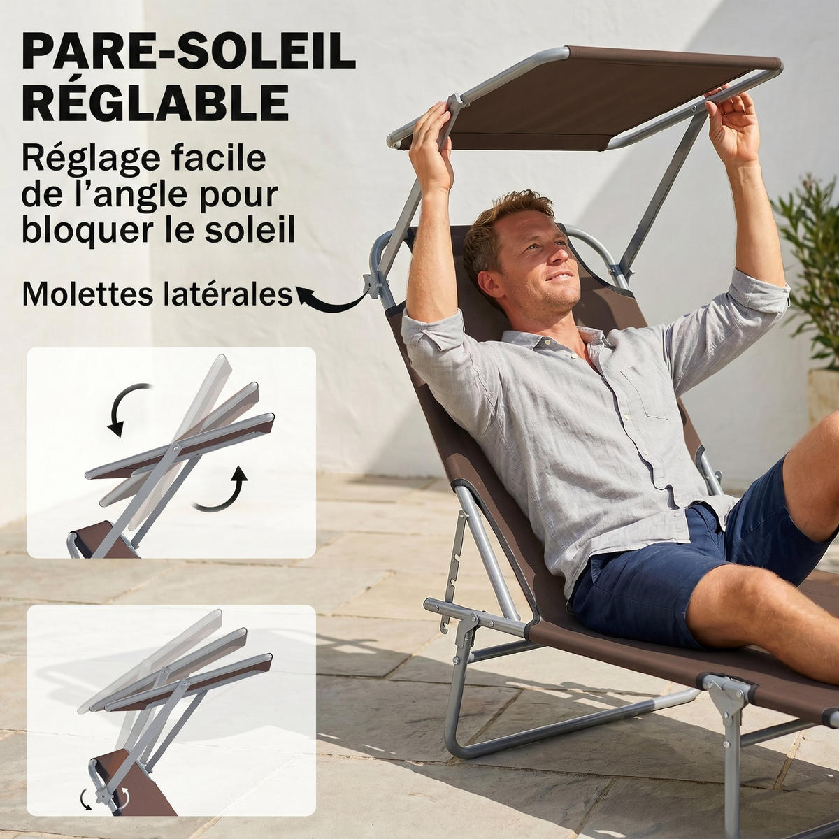 SONNENLIEGE Sonnenliege mit mehrfach verstellbarer Rückenlehne und verstellbarem Sonnenschutz,187x58x36cm,braun - Braun, Metall (58/36/187cm) - Vallsero