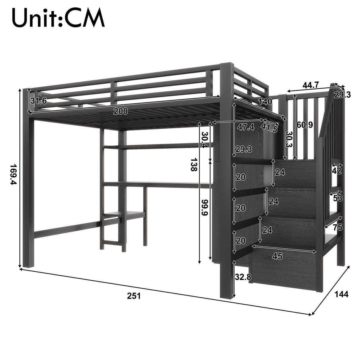 HOCHBETT 140/200 cm mit Schreibtisch, LED-Beleuchtung, Regal, Kleiderschrank und Stauraumtreppe, Schwarz - Schwarz, Holzwerkstoff (140/200cm) - Redom