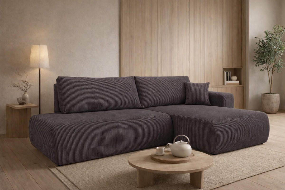 ECKSOFA Mit Schlaffunktion Und Bettkasten, Cordstoff Poso, Dunkelgrau, Rechts, OPEN XL - Dunkelgrau, Holz (262/145cm) - Kaiser Möbel
