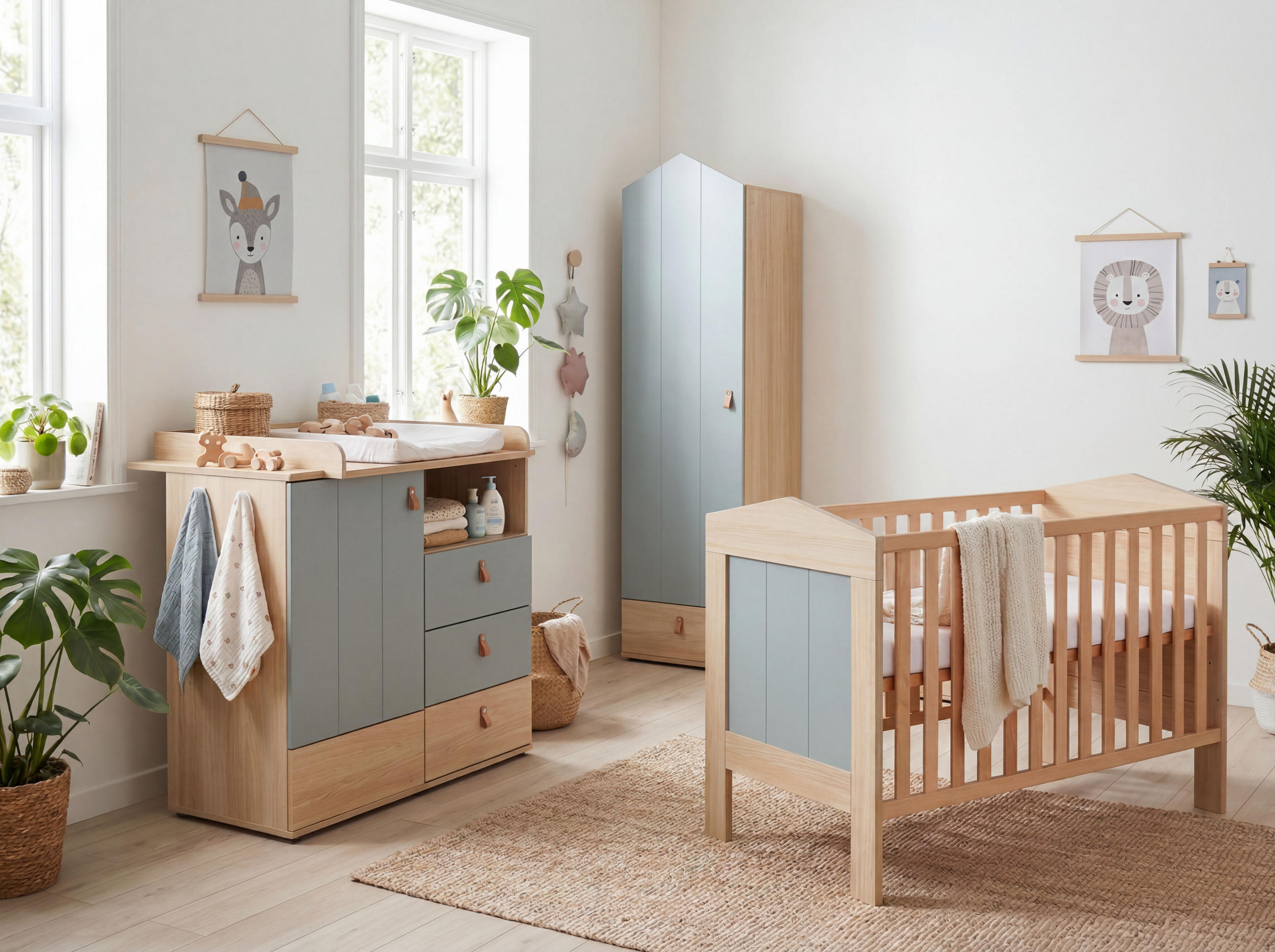 BABYZIMMER Set Roofy 3-tlg. - Salbeigrün/Eichefarben, Leder/Holz (1/1/1cm) - arthur berndt