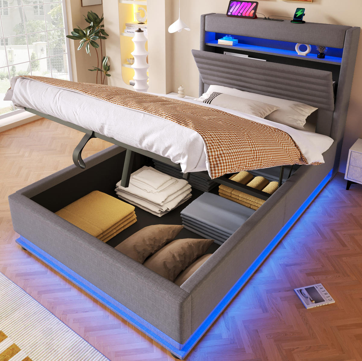 POLSTERBETT mit Stauraum 90x200 cm LED USB Leinen Grau - Grau, Metall (90/200cm) - Meubliv