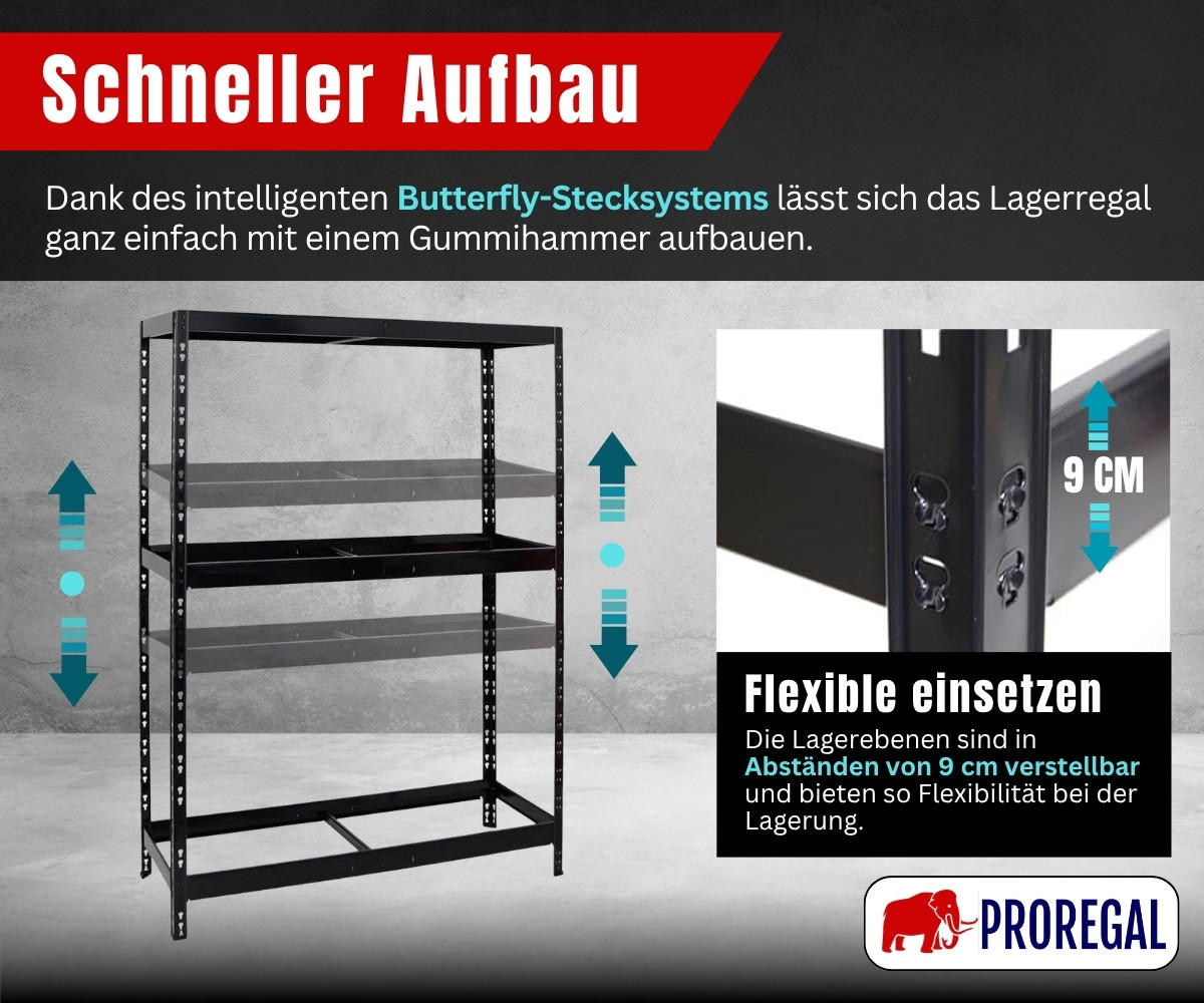 REIFENREGAL Tiger 180x130x50 cm bis zu 12 Reifen auf 2 Ebenen + Ablage Schwarz - Schwarz, Metall (130/180/50cm) - PROREGAL
