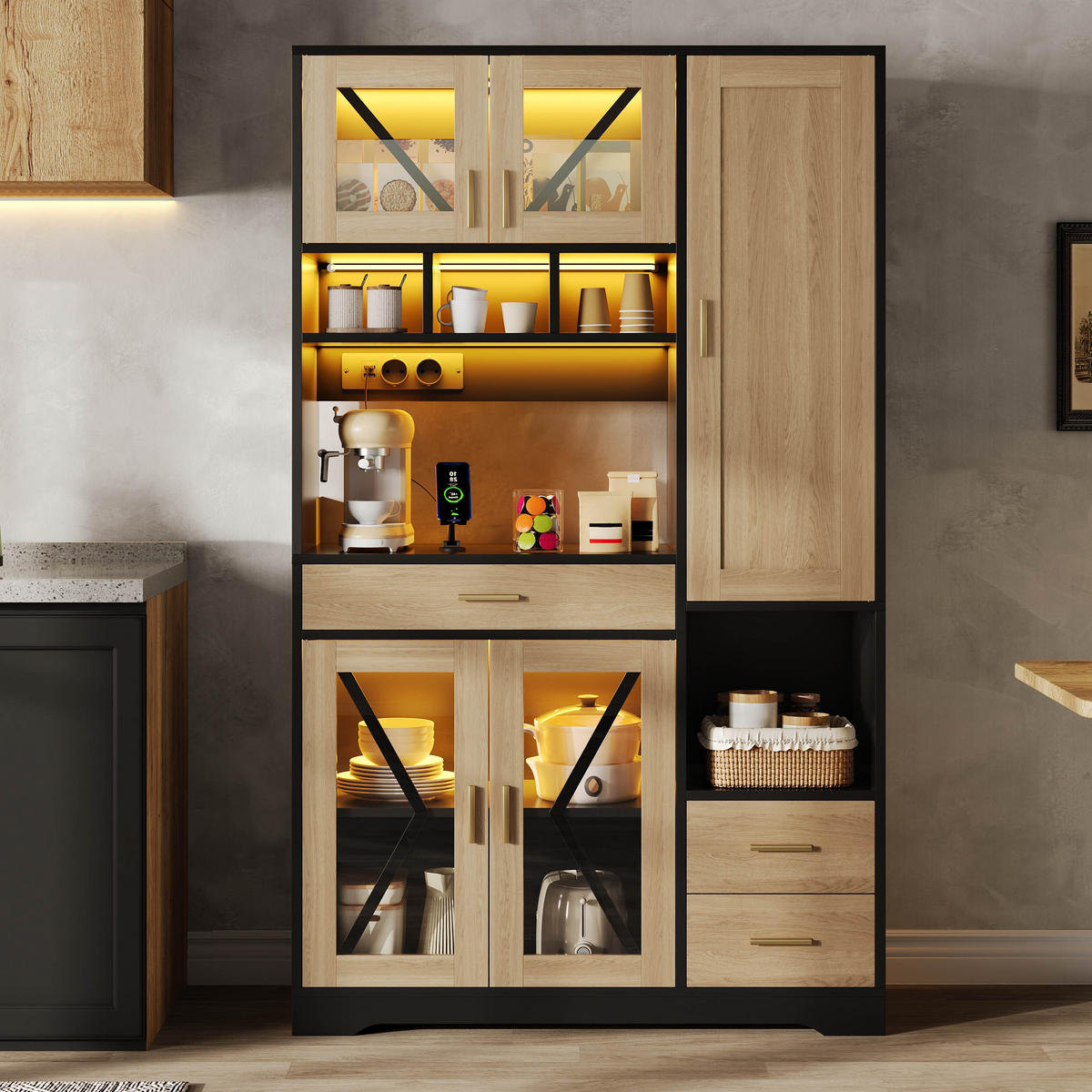 MEHRZWECKSCHRANK mit LED-Beleuchtung, Steckdosen, Schublade und verstellbaren Einlegeböden 185/105/40 cm - Naturfarben, Glas/Holzwerkstoff (105/185/40cm) - EVRYAE