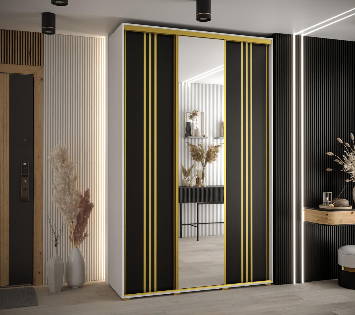 SCHWEBETÜRENSCHRANK 235,2/150/60 3-türig - Goldfarben/Schwarz, Holz/Metall (150/235/60cm) - Abiks Möbel