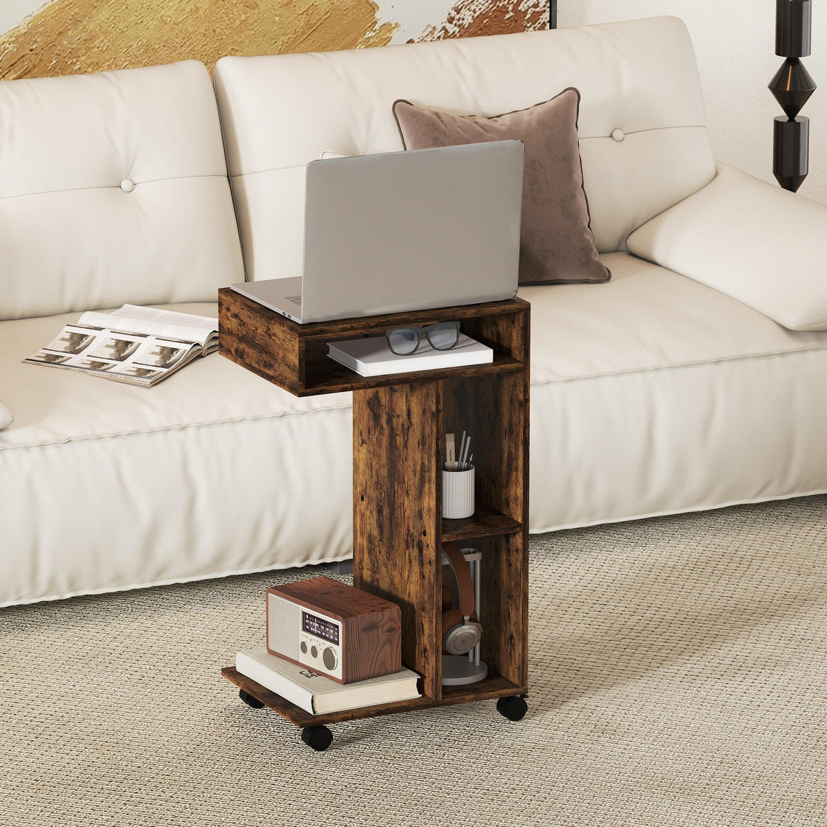 BEISTELLTISCH Couchtisch mit Rollen, 4 Regalen, Braun - Braun, Holzwerkstoff (40/30/69cm) - HOMCOM