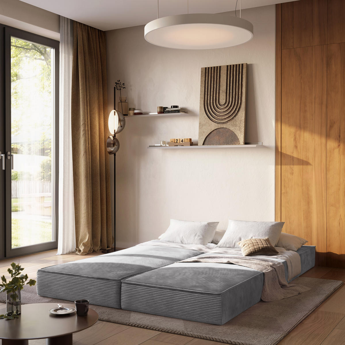ECKSOFA NOTIA modulares Boneless Sofa mit Schlaffunktion Hellgrau Cordstoff - Hellgrau, Textil (200/120cm) - MASSENO