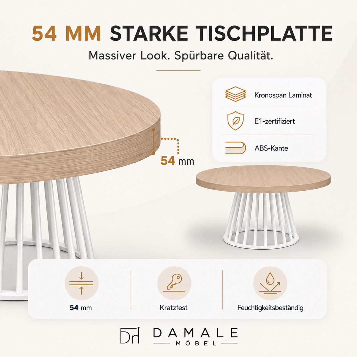ESSTISCH rund ausziehbar 110/210/76 cm, Eiche Hikora Egger Natur, 54 cm Tischplatte + Lamellen-Metallgestell Weiß - Hellbraun/Eichefarben, Holzwerkstoff/Metall (110/210/76cm) - Damale Möbel