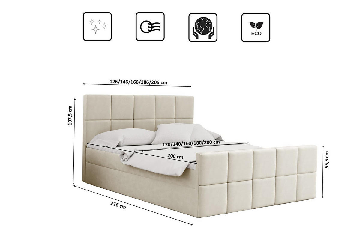 BOXBETT mit Bettkasten und Matratze Topper HANA Stoff Matt Velvet Ecru 120x200 cm H3-Bonell - Ecru, Holz/Textil (120/200cm) - Kaiser Möbel