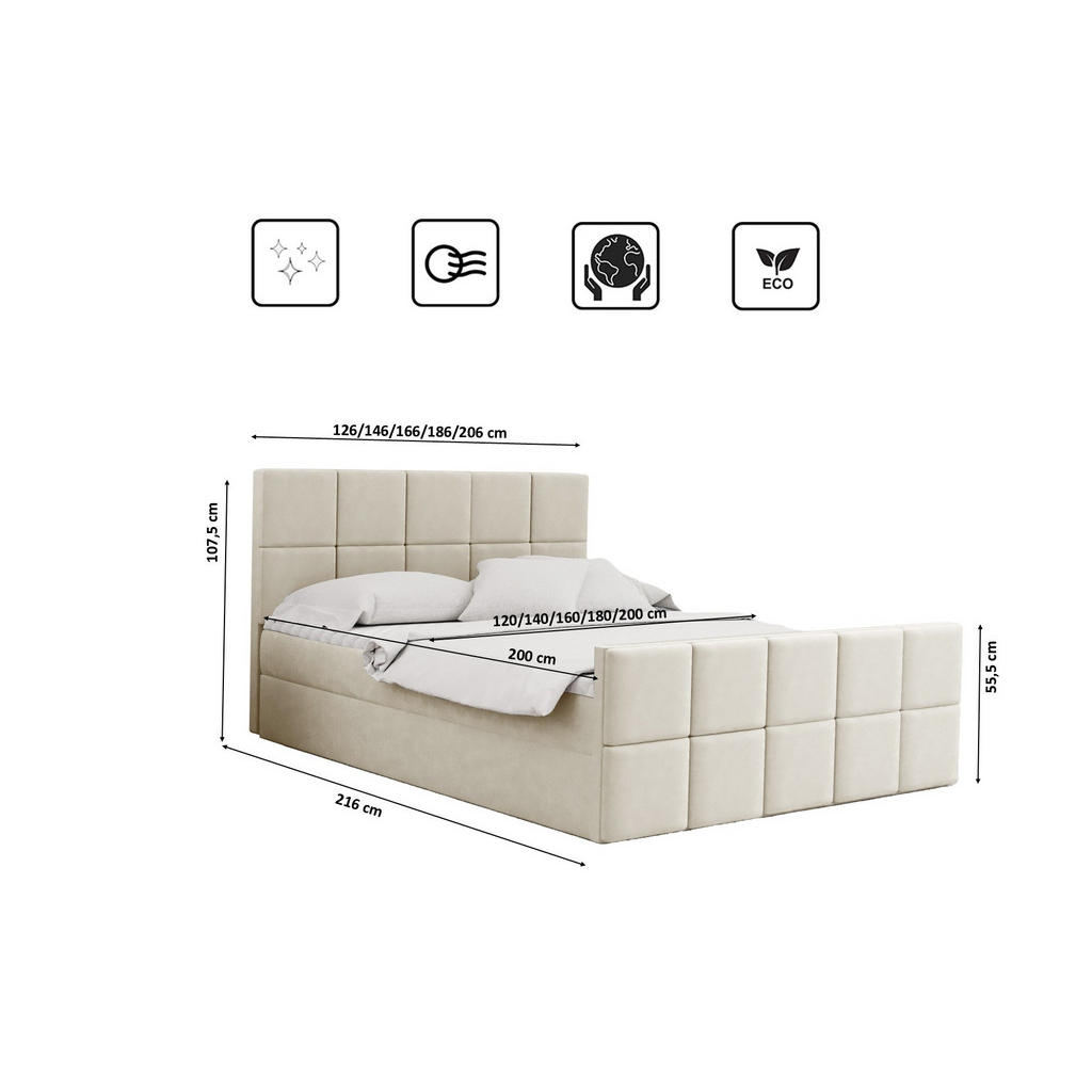 Thumbnail - Kaiser Möbel Boxbett, Ecru, Textil, H3, Höhe ca. 20 cm, einzeln stellbar, 140x200 cm, Schlafzimmer, Betten, Boxspringbet...