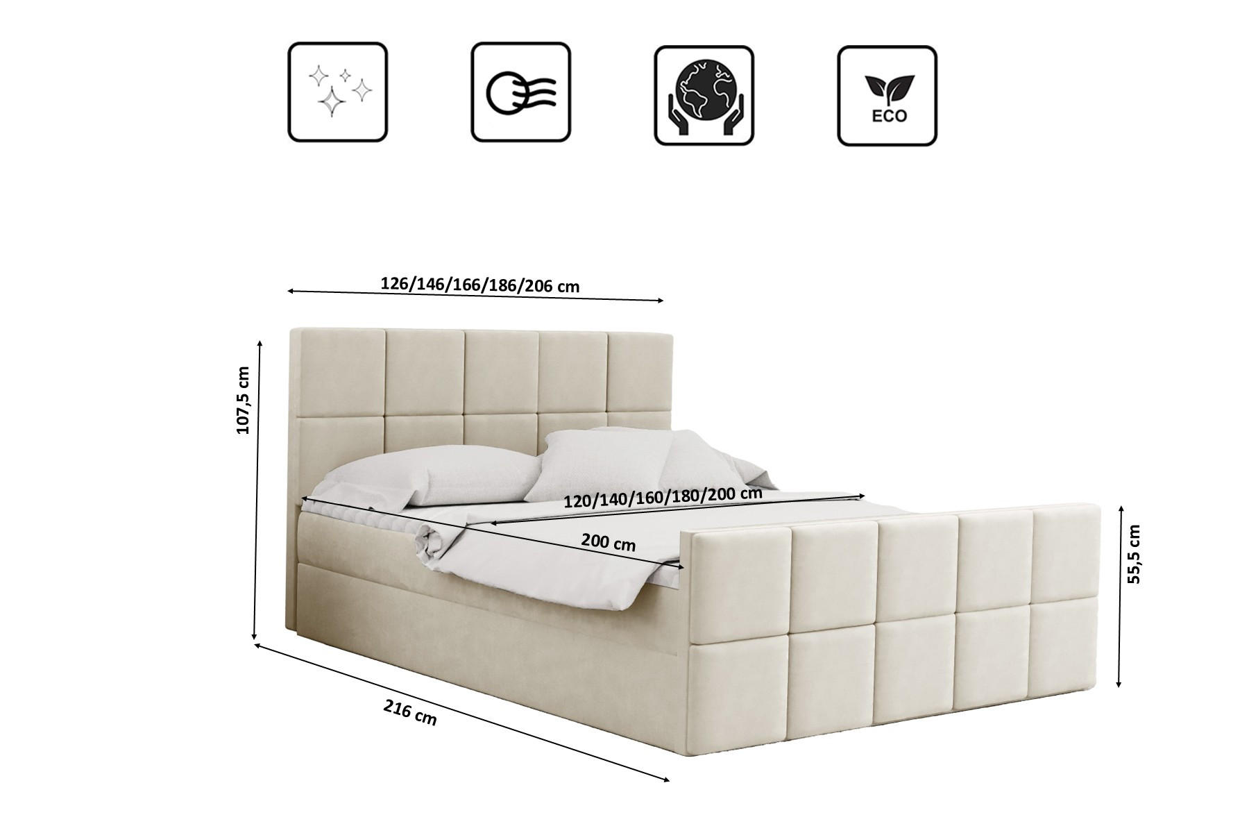 Thumbnail - Kaiser Möbel Boxbett, Ecru, Textil, H3, Höhe ca. 20 cm, einzeln stellbar, 180x200 cm, Schlafzimmer, Betten, Boxspringbet...
