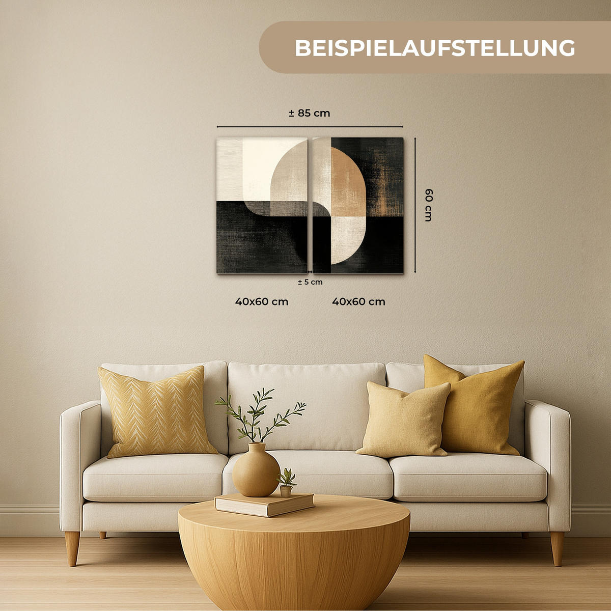 LEINWANDBILD 2er Set Formen - Abstrakt - Gold 80x60 cm - Schwarz, Textil (80/60cm) - MuchoWow