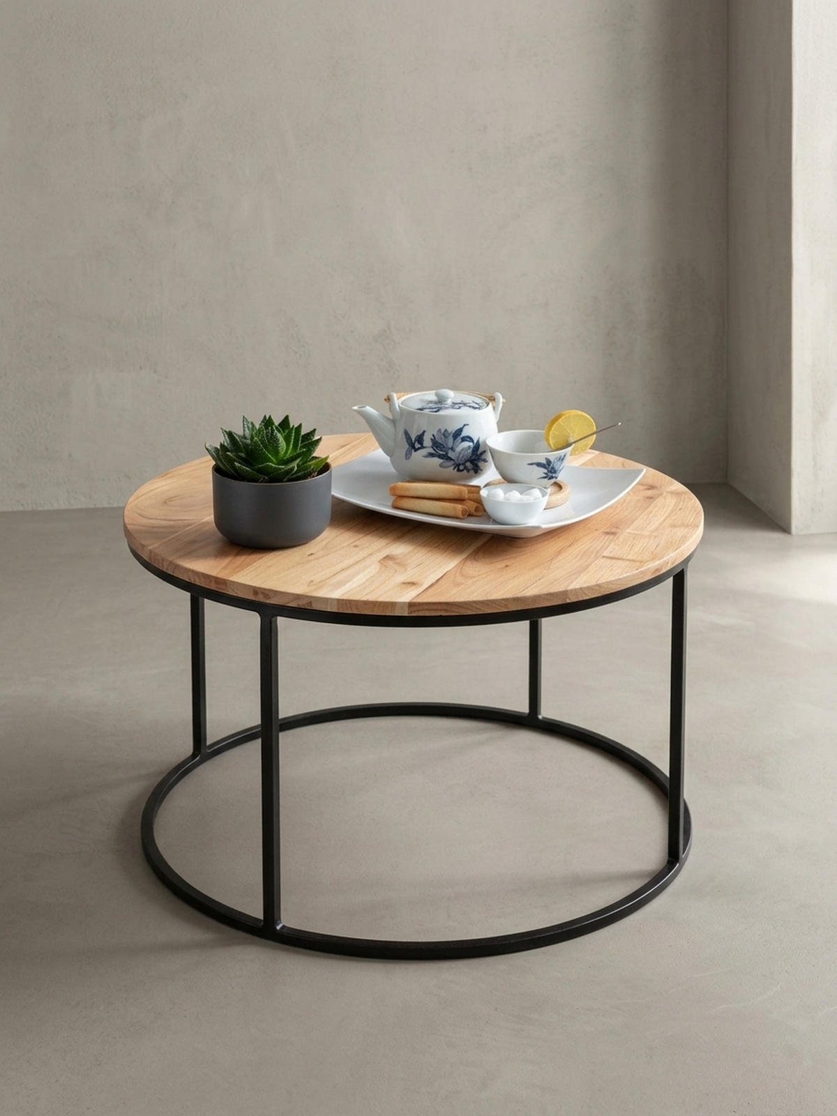 COUCHTISCH Naturholz mit stabiler Konstruktion und runder Ablage, Belastbarkeit 50 kg - Beige/Schwarz, Holz/Metall (60/60/43cm) - KADIMA DESIGN