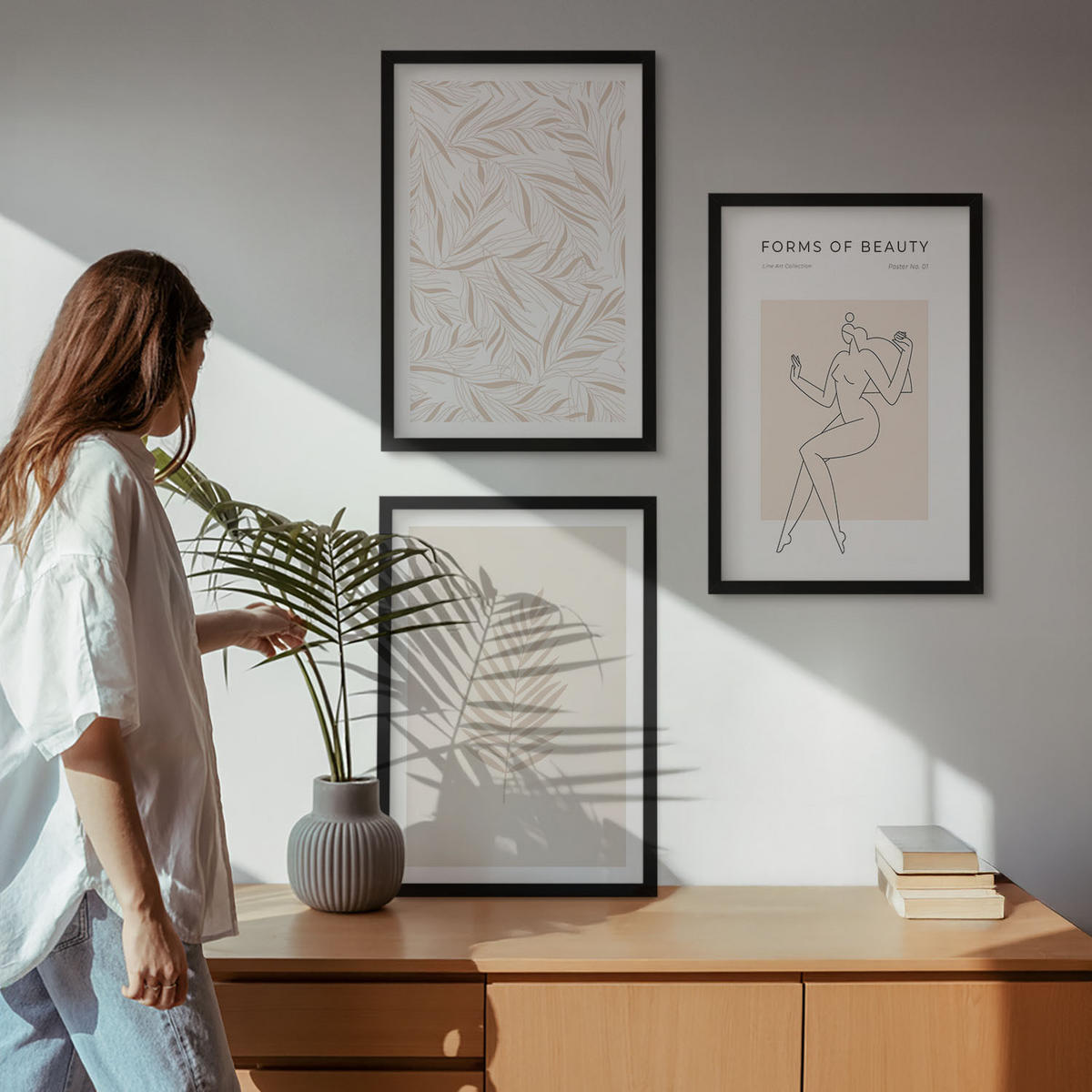 WANDBILDER 3er-Set - 40x60 cm Schwarzer Rahmen - Minimalistische botanische Motive - Schwarz, Kunststoff (40/60cm) - ArtPrintCave