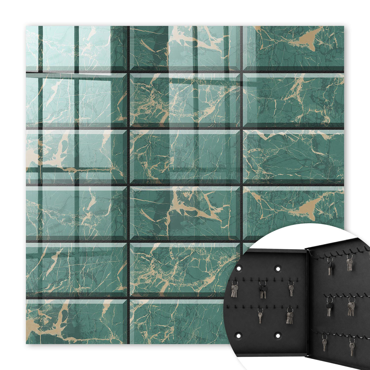 SCHLÜSSELBOX Schwarz 30x30 cm- Türöffnung nach rechts - Grüner Marmor - Grün, Metall (30/30/5cm) - TULUP