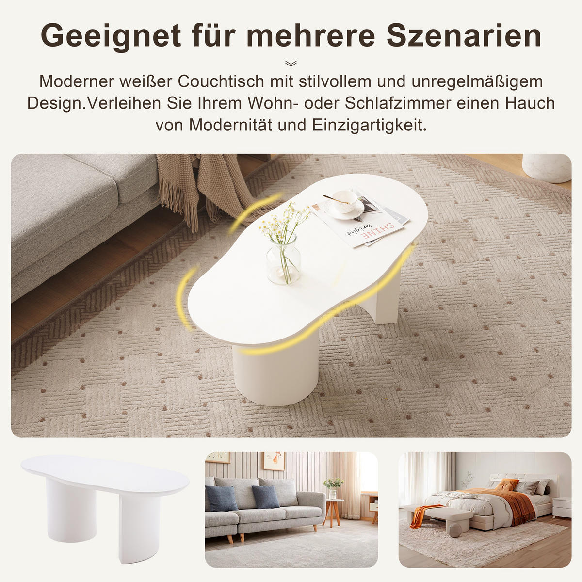 COUCHTISCH weiß aus MDF mit unregelmäßige und elegant geschwungene Tischplatte 100 × (40–50) × 40,5 cm - Weiß, Holzwerkstoff (50/100/40.5cm) - Luhomfu