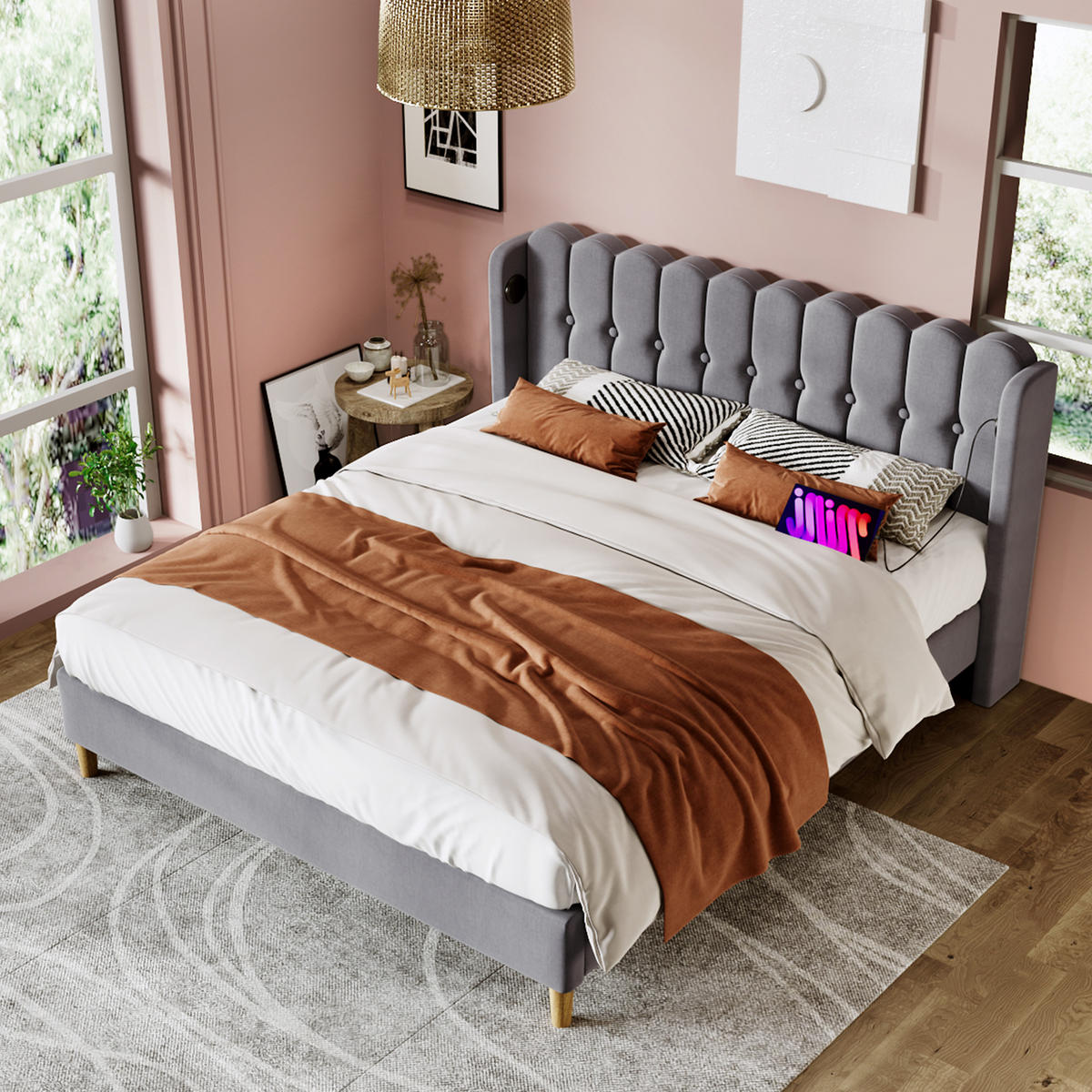 POLSTERBETT 180/200 cm grau mit USB- und Type-C-Anschlüssen - Grau, Textil (180/200cm) - OKWISH