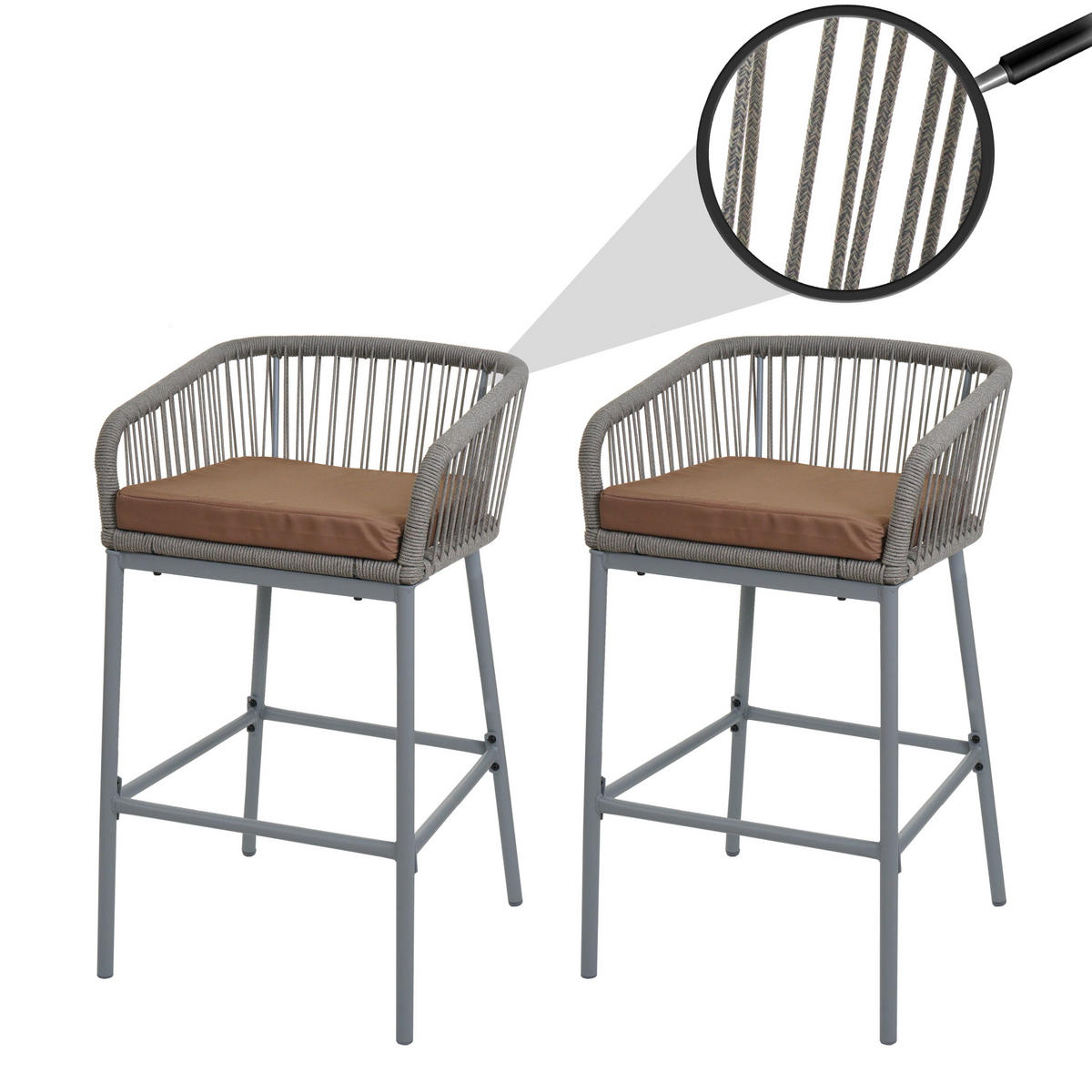 GARTENSTUHL 2er-Set HxBxT 92x51x53cm Sitzhöhe 76cm Seilgeflecht Metall Hellgrau Kissen Taupe - Hellgrau, Metall (51/92/53cm) - PROREGAL