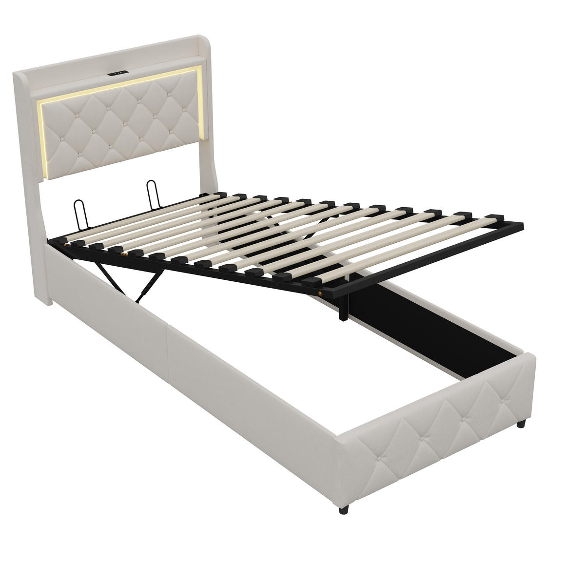 POLSTERBETT 90x200 cm LED Bettkasten USB Samt beige - Beige, Holz (90/200cm) - LEBENLANG