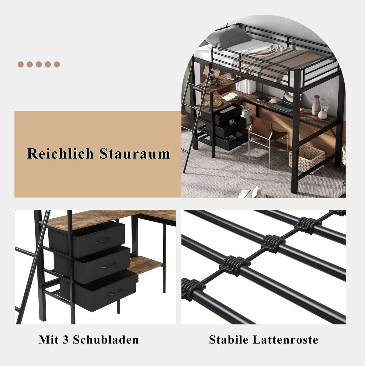 HOCHBETT 90/200 cm mit 2-m-Schreibtisch, 3 Schubladen und schräger Leiter, Schwarz/Dunkle Walnuss - Schwarz, Metall (90/200cm) - Redom