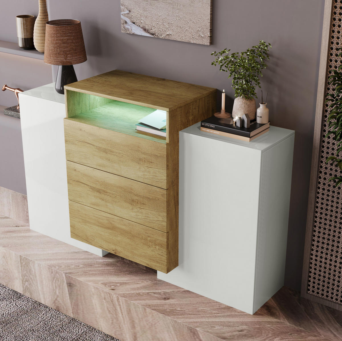 SIDEBOARD mit LED 140 cm MDF Weiß/Natur 2 Türen 3 Schubladen - Braun, Holzwerkstoff (30/77.5/140cm) - Meubliv