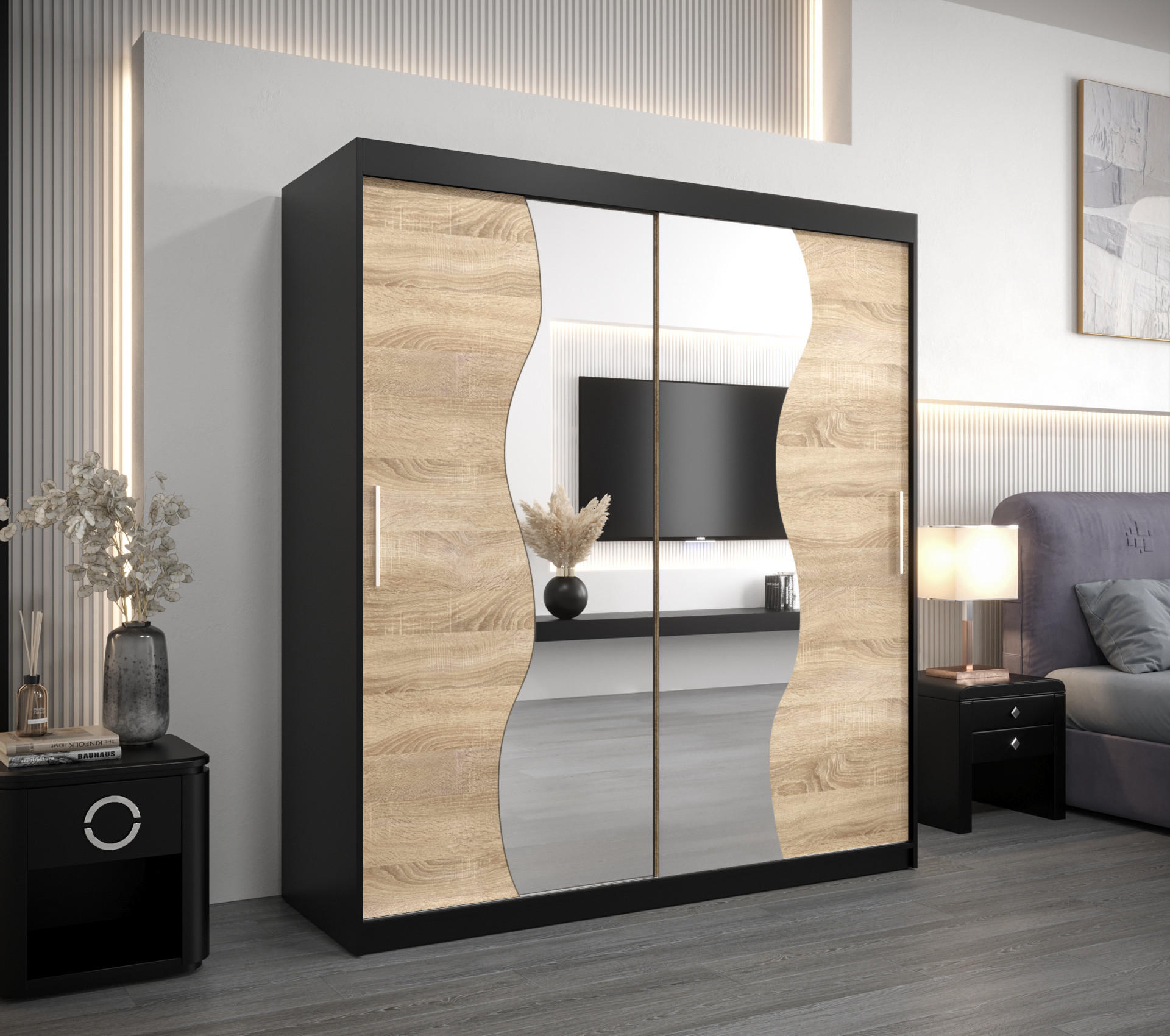 SCHWEBETÜRENSCHRANK 200/180/62 2-türig - Silberfarben/Schwarz, Holz/Kunststoff (180/200/62cm) - Abiks Möbel