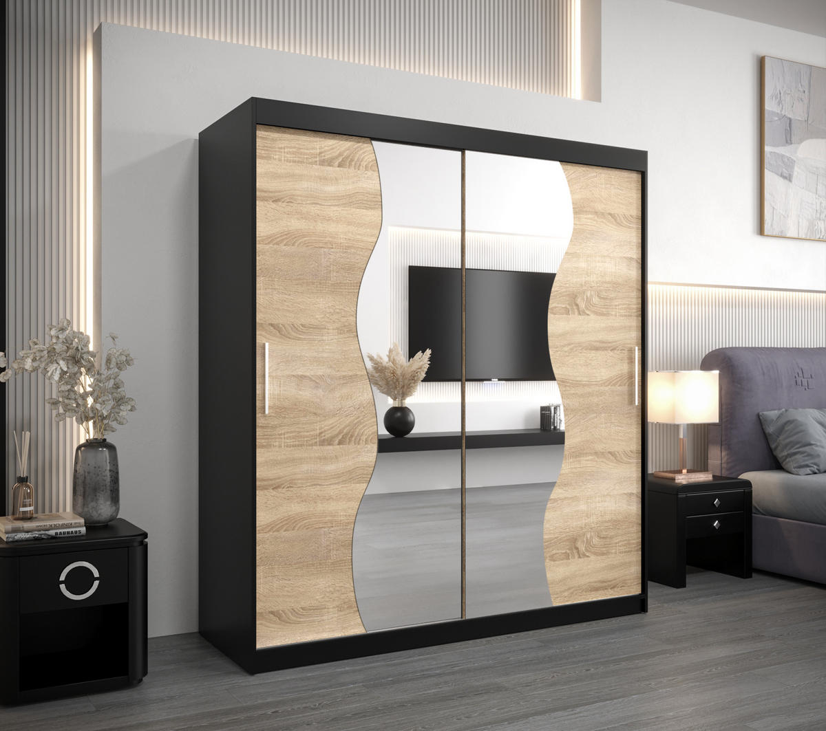 SCHWEBETÜRENSCHRANK 200/180/62 2-türig - Silberfarben/Schwarz, Holz/Kunststoff (180/200/62cm) - Abiks Möbel