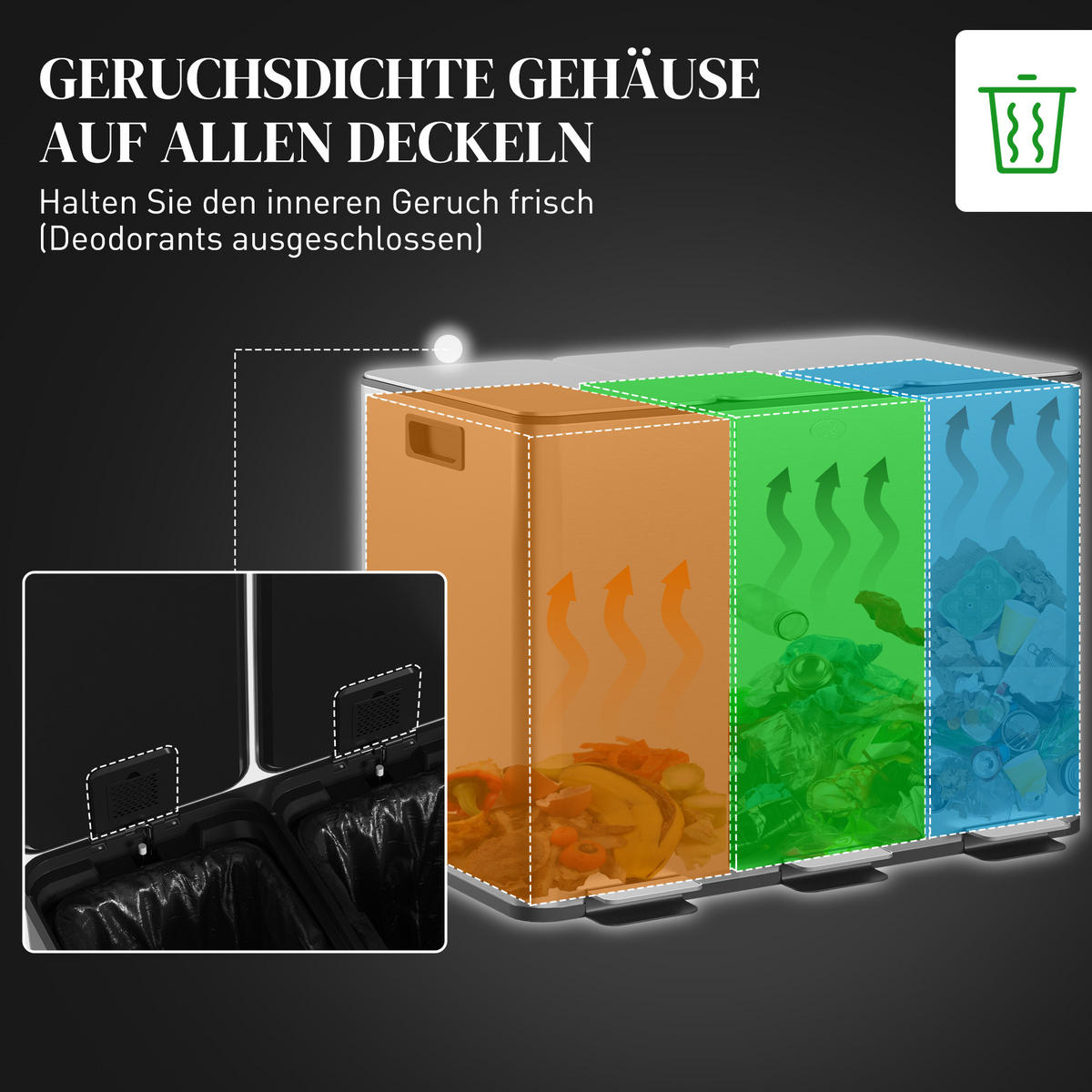 MÜLLEIMER 3x20L Abfalleimer aus Edelstahl mit Softclose Deckel Deodorant-Fächern - Silberfarben, Metall (36.6/56.7/61.9cm) - HOMCOM