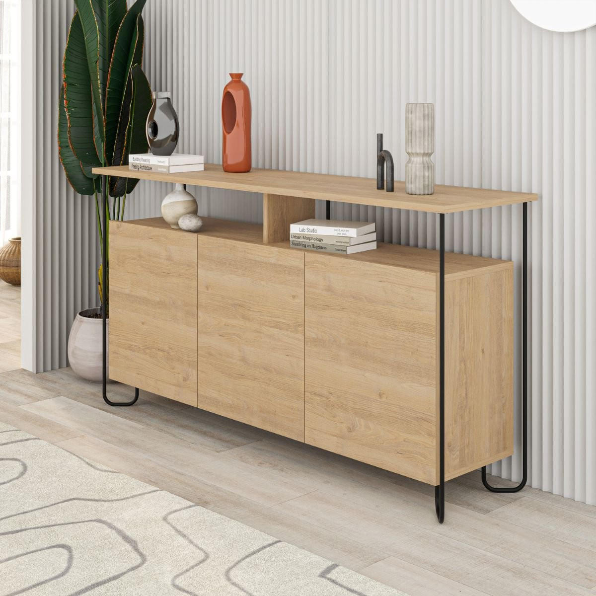 BUFFET 3 Türen und Metallfüße Dilly - L130 cm - Apfelbaumfarben, Holzwerkstoff (40/80/130cm) - Calicosy